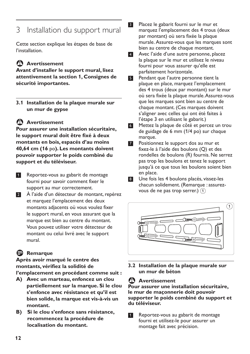 3 installation du support mural | Philips SQM5232 User Manual | Page 12 / 23