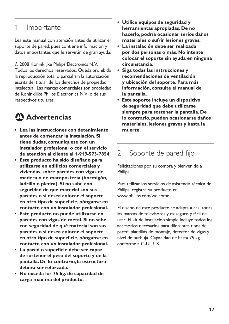 1 importante, 2 soporte de pared fijo, Advertencias | Philips SQM5232 User Manual | Page 17 / 23