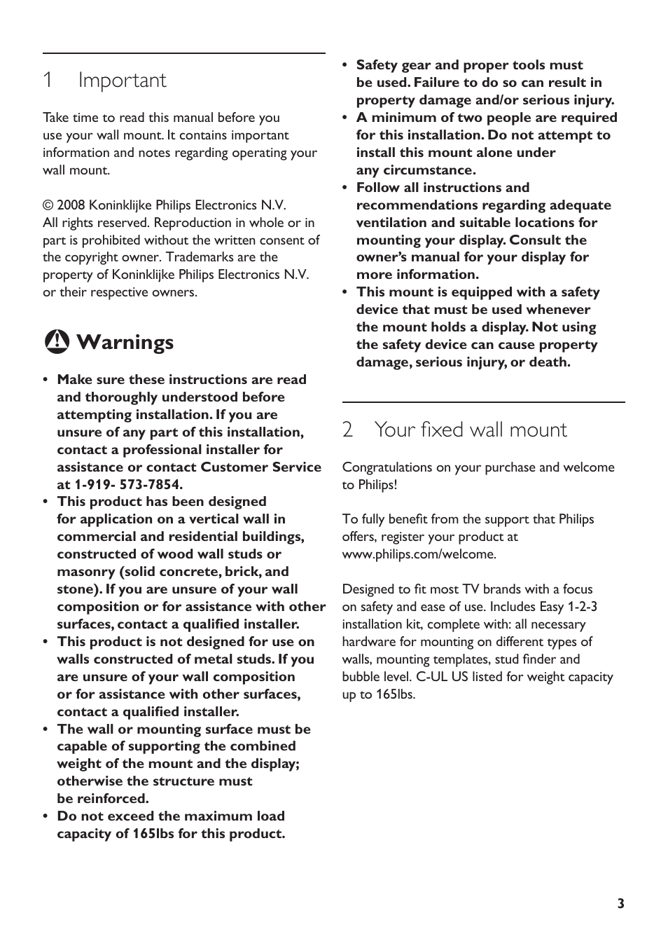 1 important, 2 your fixed wall mount, Warnings | Philips SQM5232 User Manual | Page 3 / 23