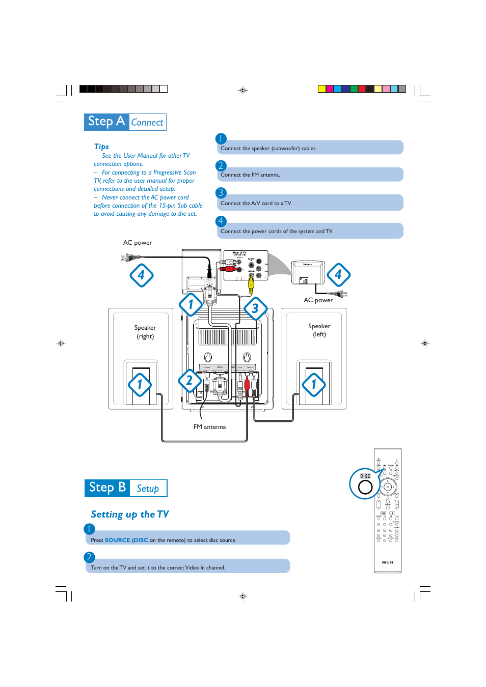 Setting up the tv 1 2 | Philips DVD Micro Theatre MCD288 User Manual | Page 2 / 4