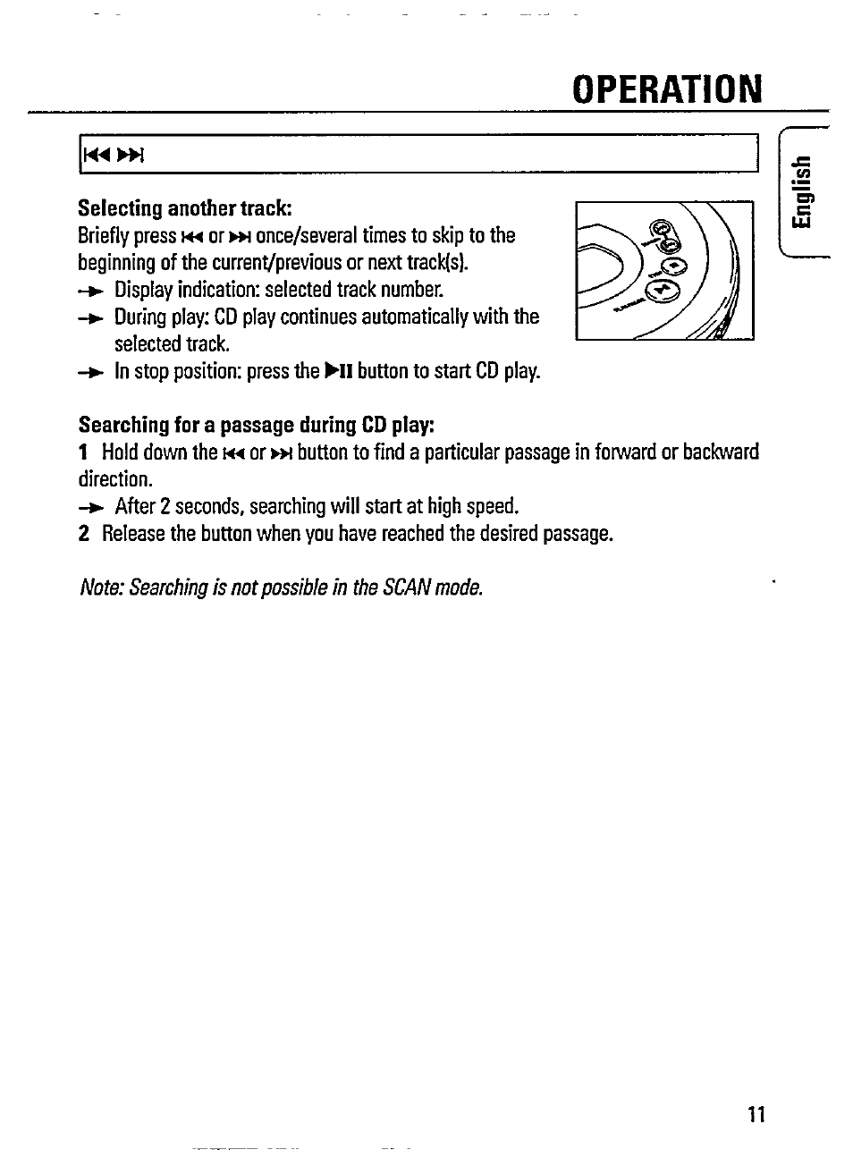 Selecting another track, Searching for a passage during cd play, Operation | Philips AZ 7182/00 User Manual | Page 11 / 26