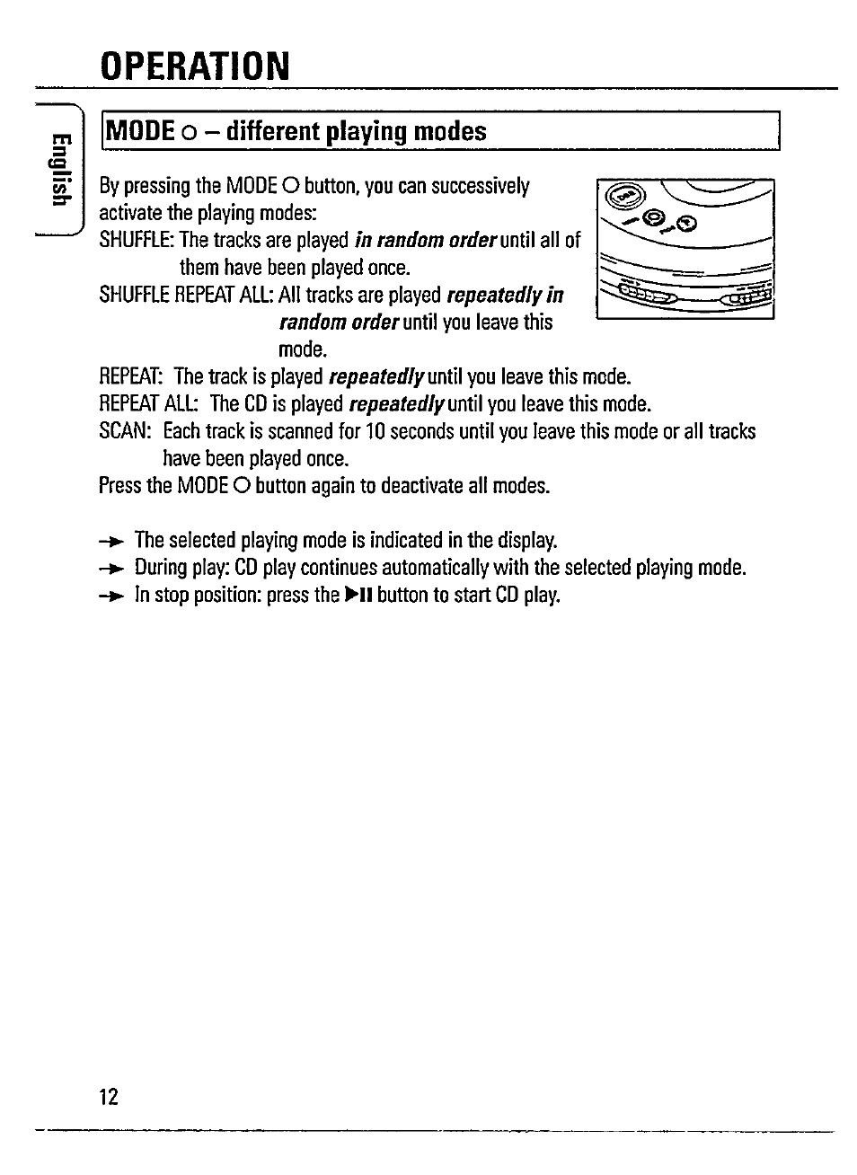 Mode o - different playing modes, Operation | Philips AZ 7182/00 User Manual | Page 12 / 26