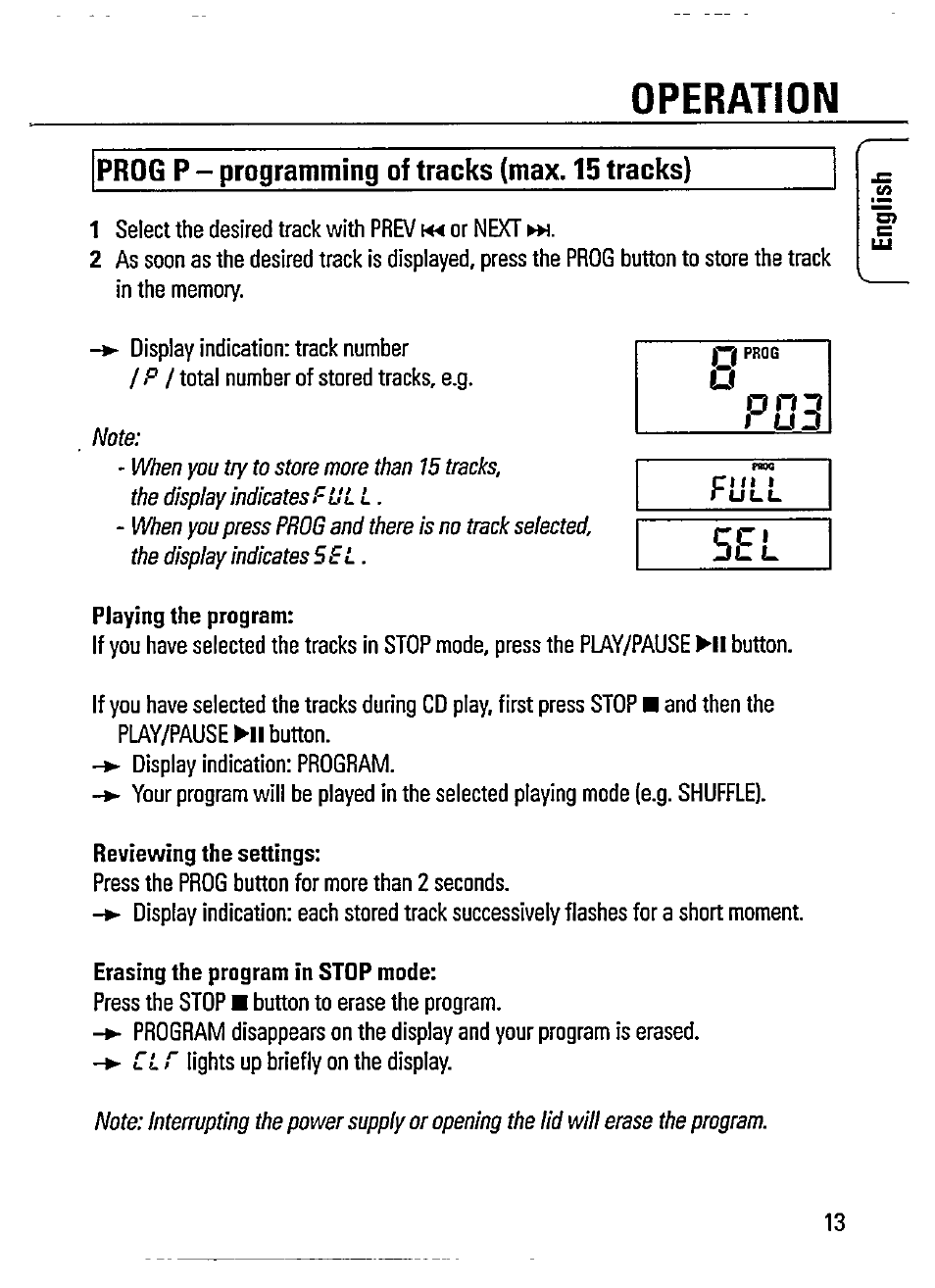 Prog p - programming of tracks (max. 15 tracks), Playing the program, Reviewing the settings | Erasing the program in stop mode, Operation, Пз run | Philips AZ 7182/00 User Manual | Page 13 / 26