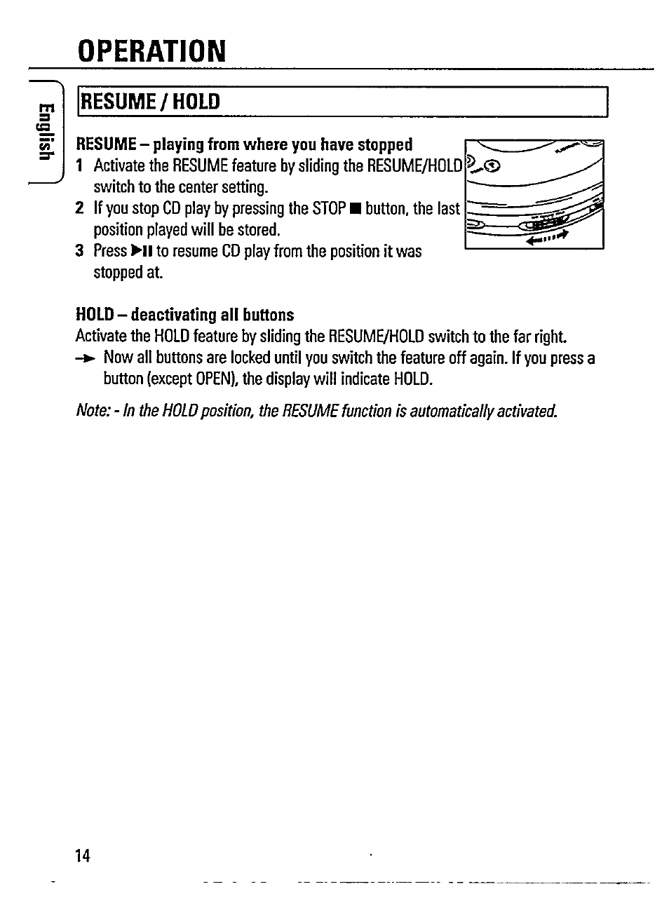 Resume/hold, Operation | Philips AZ 7182/00 User Manual | Page 14 / 26