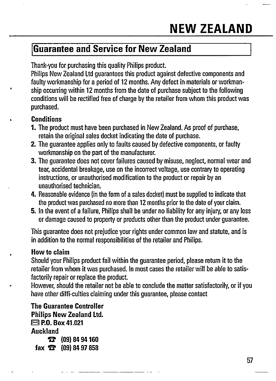 New zealand, Guarantee and service for new zealand | Philips AZ 7182/00 User Manual | Page 21 / 26