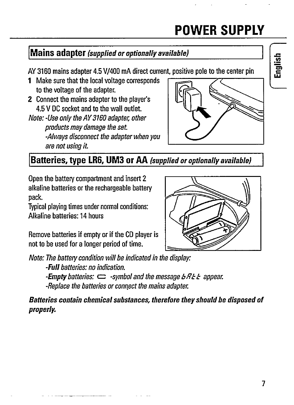 Power supply, Mains adapter, Batteries, type lr6, um3 or aa | Philips AZ 7182/00 User Manual | Page 7 / 26