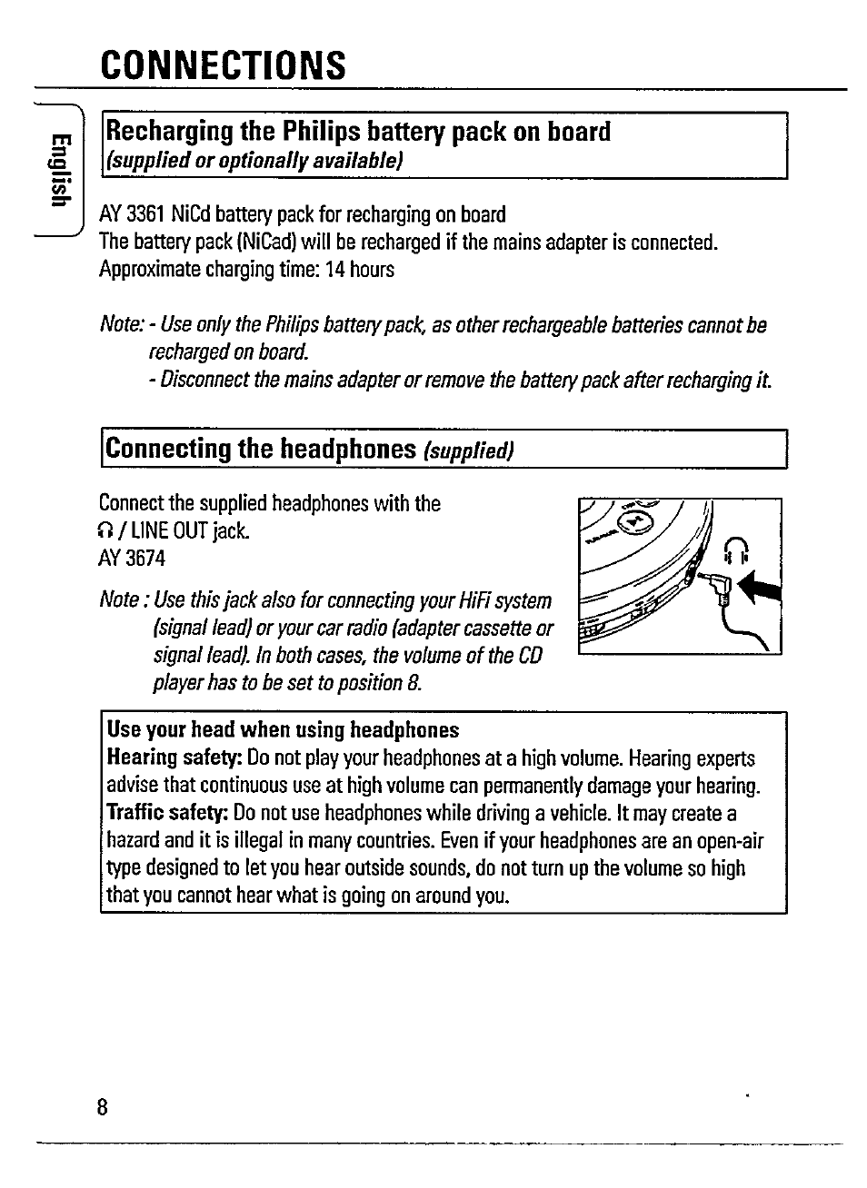 Connections, Recharging the philips battery pack on board, Connecting the headphones (supplied) | Philips AZ 7182/00 User Manual | Page 8 / 26