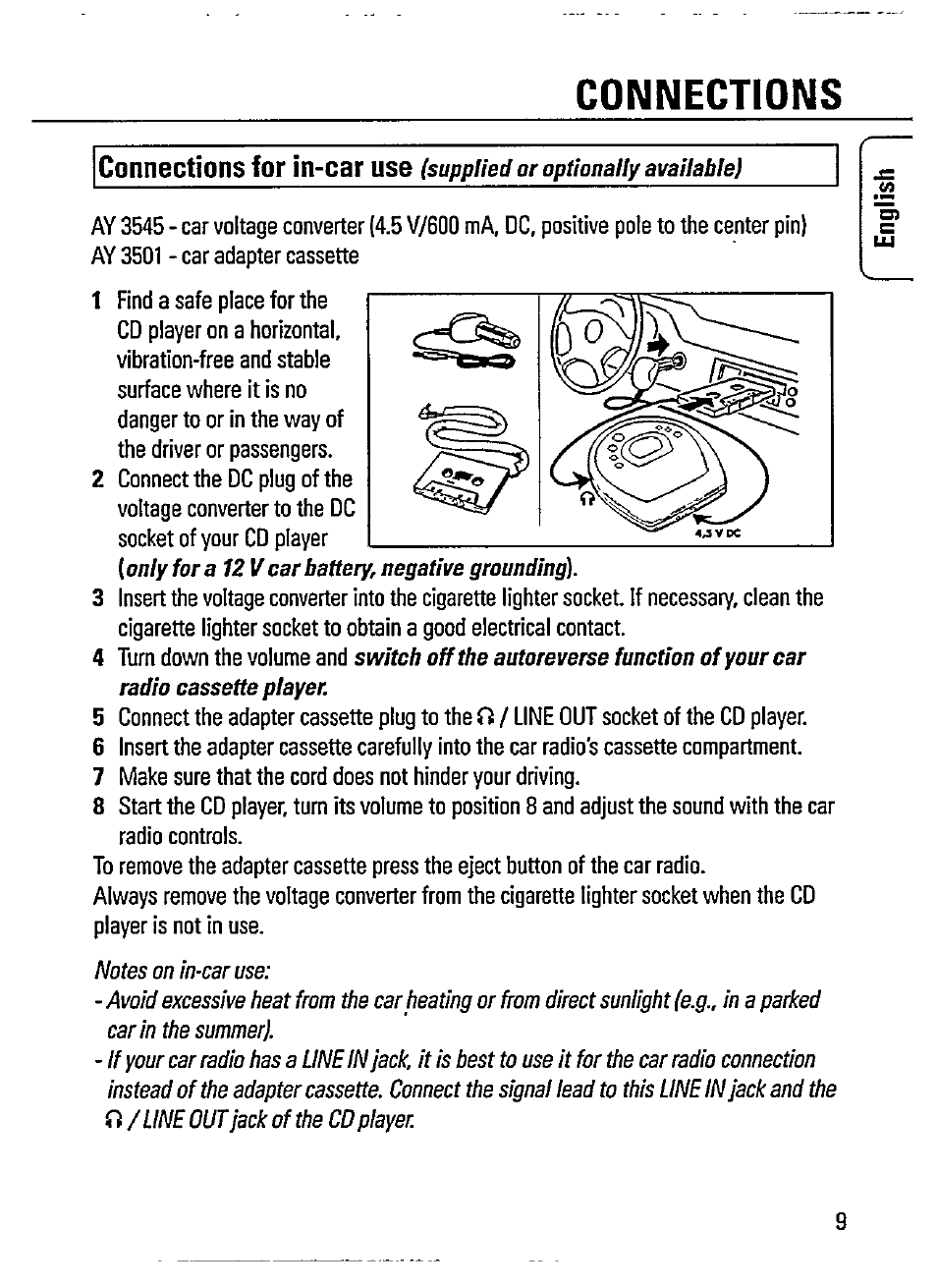 Connections, Connections for in-car use | Philips AZ 7182/00 User Manual | Page 9 / 26