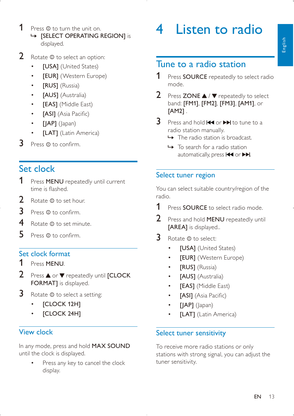 4 listen to radio, Tune to a radio station 1, Set clock 1 | Philips DVK PHPRU\ SDHC CE151 User Manual | Page 12 / 25