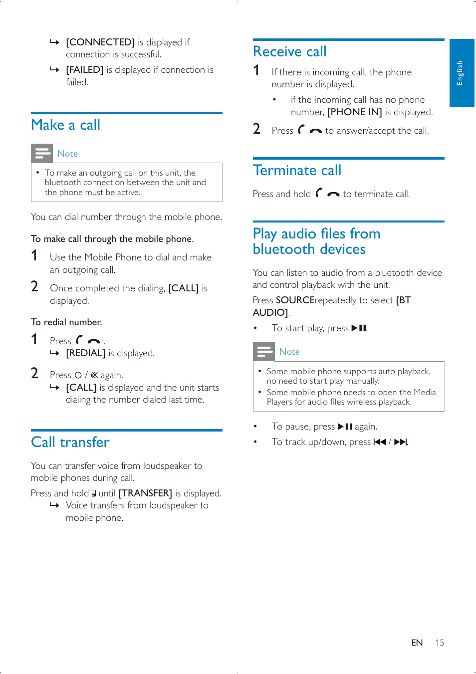 Receive call 1, Terminate call, 3od\ dxglr àohv iurp bluetooth devices | Make a call, Call transfer | Philips DVK PHPRU\ SDHC CE151 User Manual | Page 14 / 25