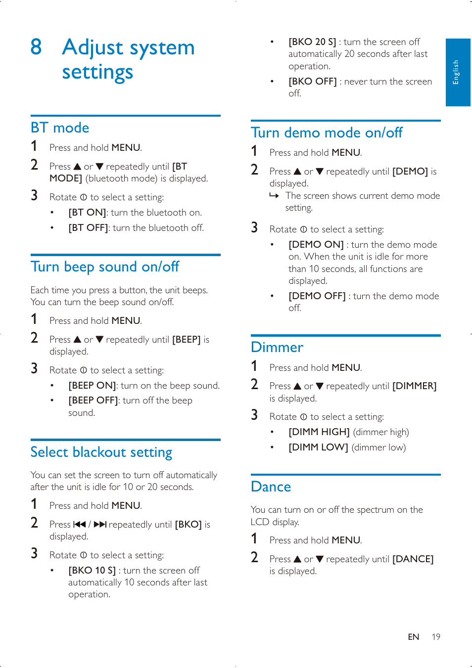 8 adjust system settings, Turn demo mode on/off 1, Dimmer 1 | Dance, Bt mode 1, Turn beep sound on/off, Select blackout setting | Philips DVK PHPRU\ SDHC CE151 User Manual | Page 18 / 25