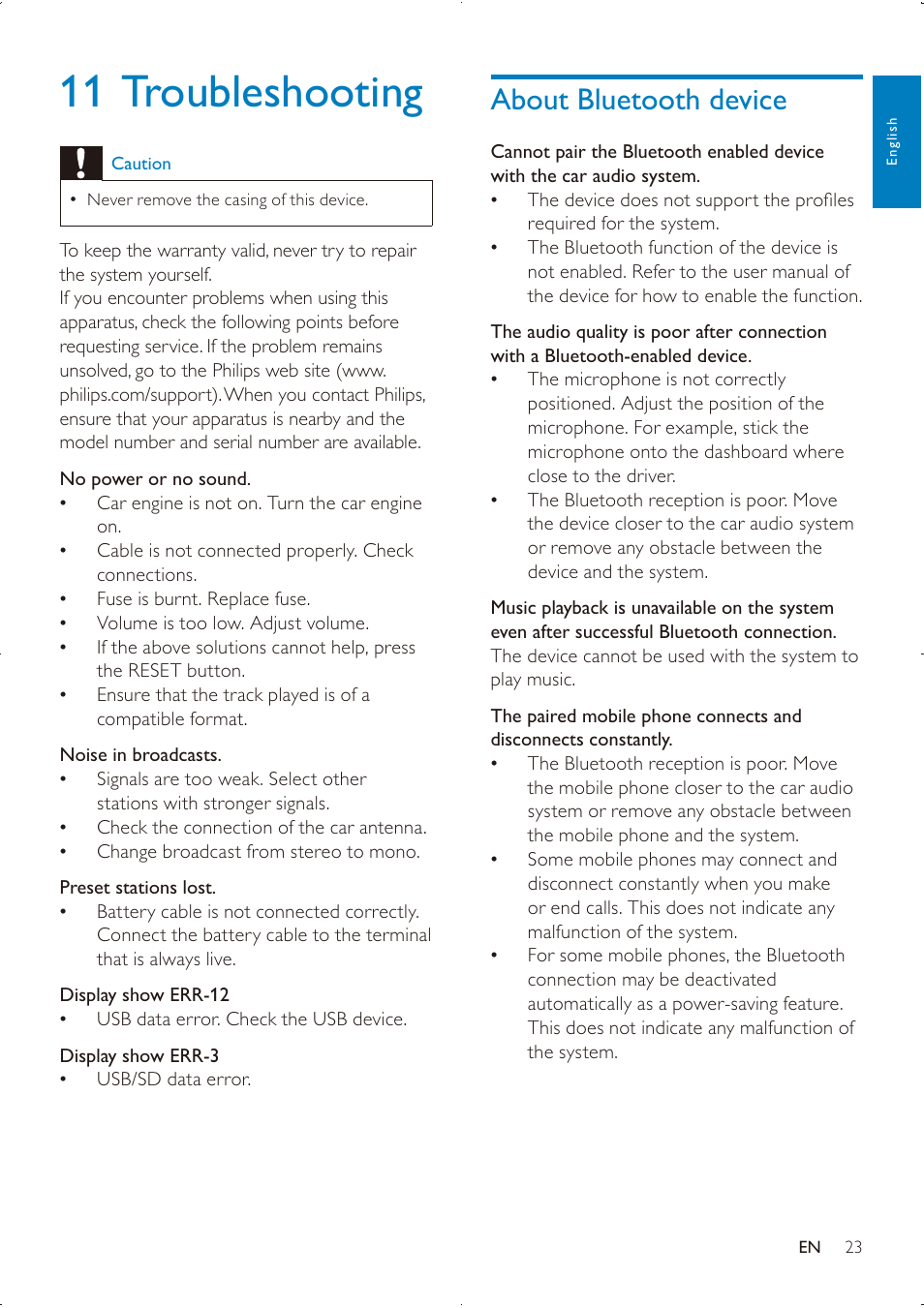 11 troubleshooting, About bluetooth device | Philips DVK PHPRU\ SDHC CE151 User Manual | Page 22 / 25