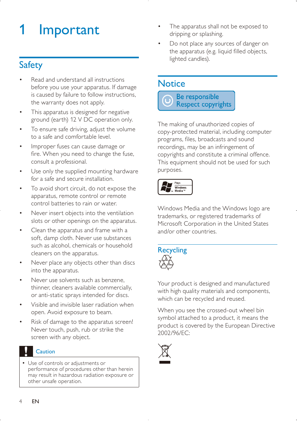 1 important, Notice, Safety | Philips DVK PHPRU\ SDHC CE151 User Manual | Page 3 / 25