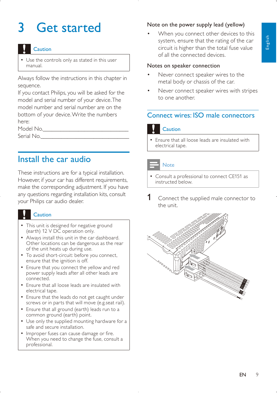 3 get started, Install the car audio | Philips DVK PHPRU\ SDHC CE151 User Manual | Page 8 / 25