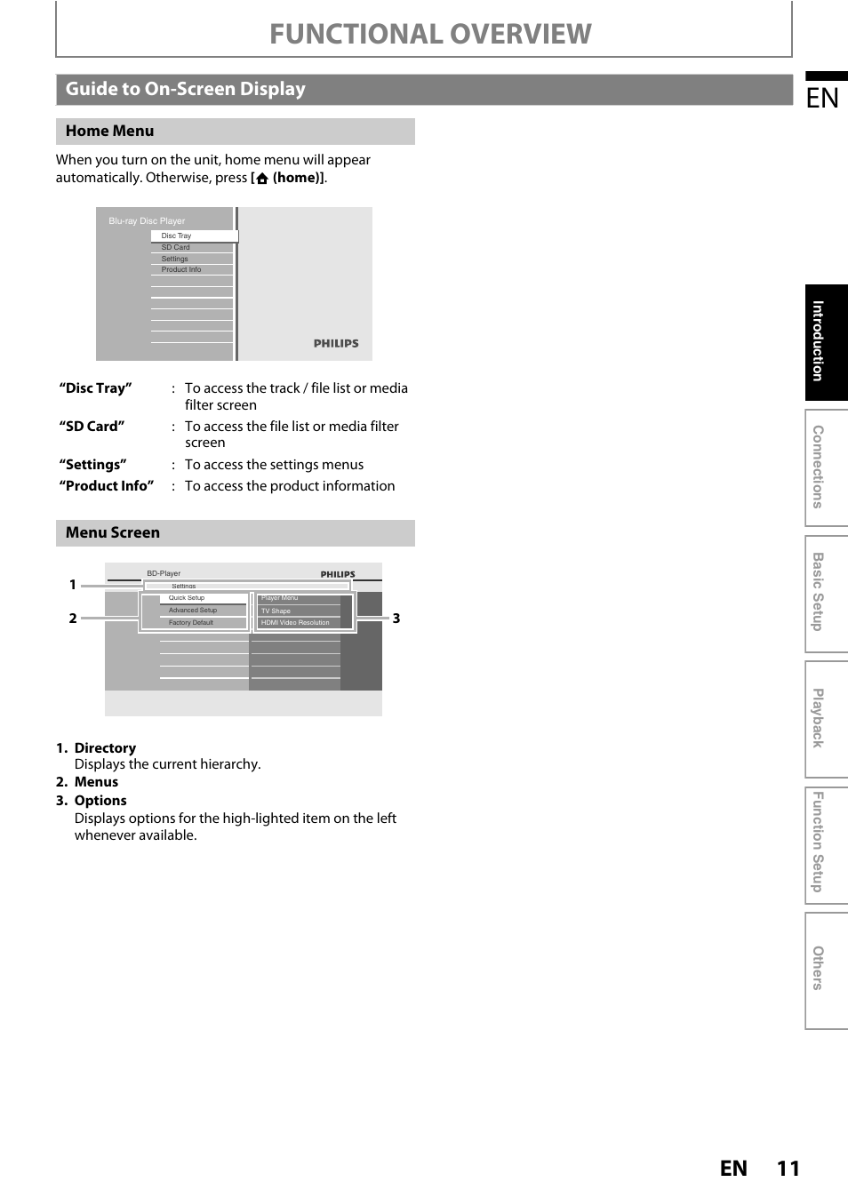 Guide to on-screen display, Functional overview | Philips BDP3020/F8 User Manual | Page 11 / 54