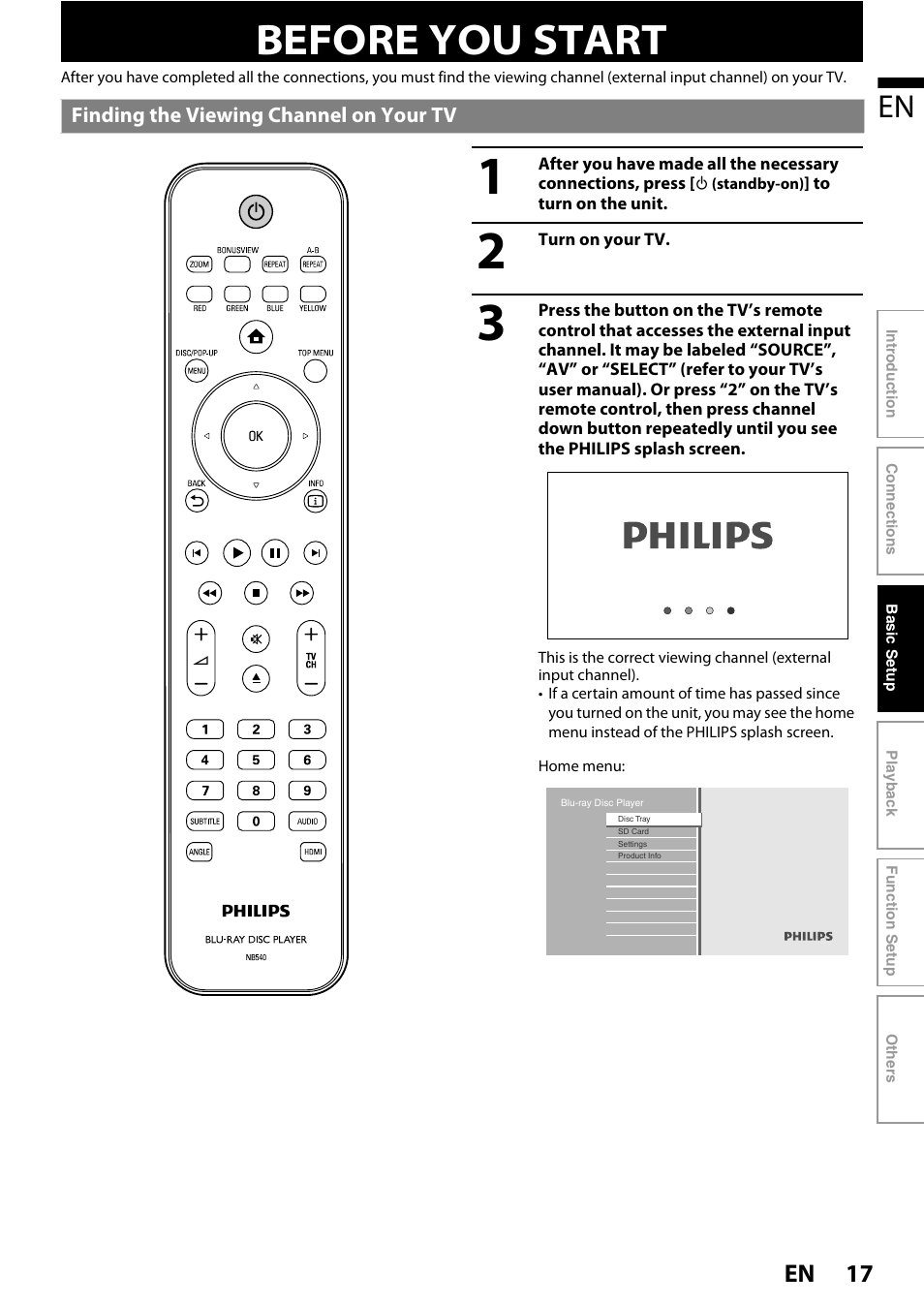 Basic setup, Before you start, Finding the viewing channel on your tv | 17 en | Philips BDP3020/F8 User Manual | Page 17 / 54