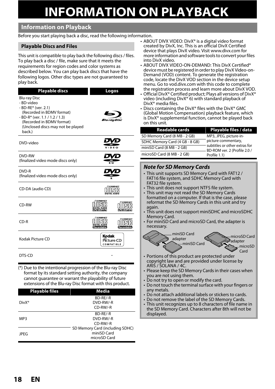 Playback, Information on playback, En 18 | Philips BDP3020/F8 User Manual | Page 18 / 54