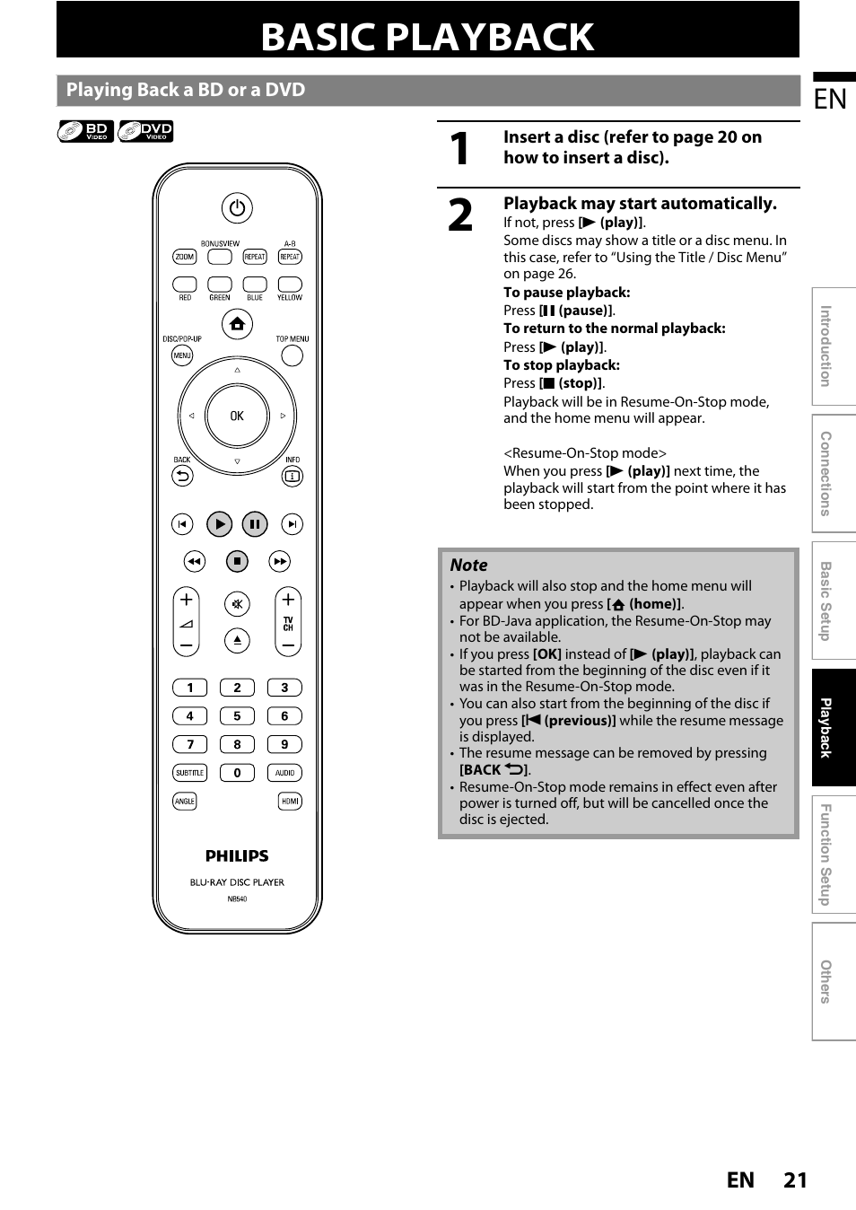 Basic playback, Playing back a bd or a dvd, 21 en | Philips BDP3020/F8 User Manual | Page 21 / 54