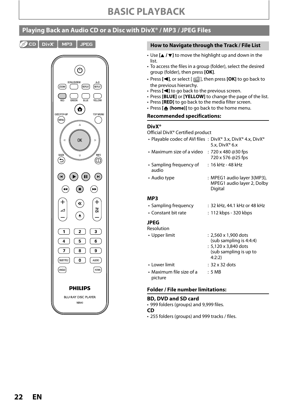 Playing back an audio cd or, A disc with divx® / mp3 / jpeg files, Basic playback | Philips BDP3020/F8 User Manual | Page 22 / 54