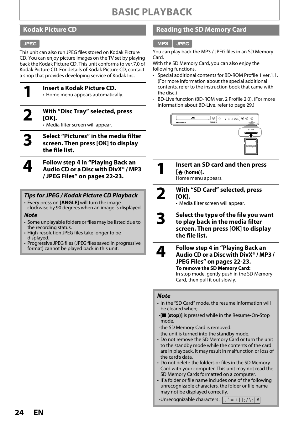 Kodak picture cd reading the sd memory card, Basic playback | Philips BDP3020/F8 User Manual | Page 24 / 54