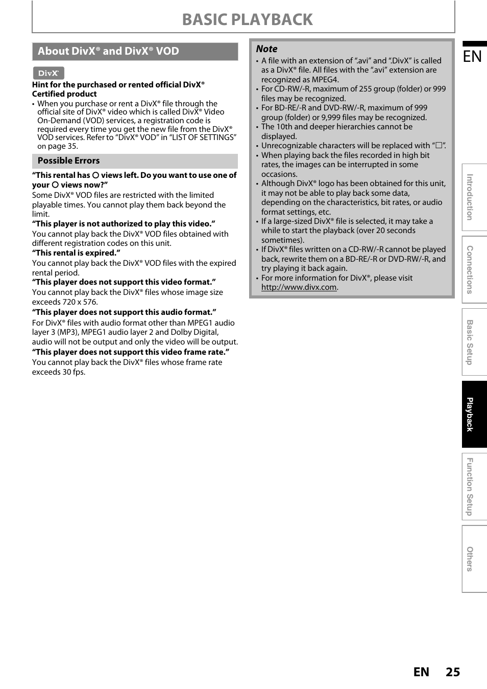 About divx® and divx® vod, Basic playback | Philips BDP3020/F8 User Manual | Page 25 / 54