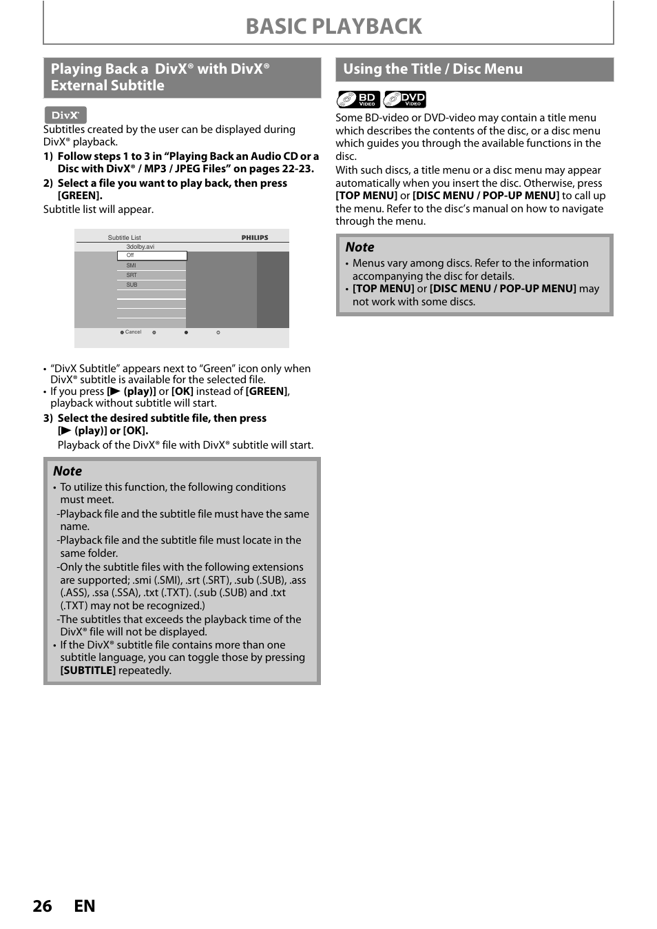 Basic playback, Playing back a divx® with divx® external subtitle, Using the title / disc menu | Philips BDP3020/F8 User Manual | Page 26 / 54