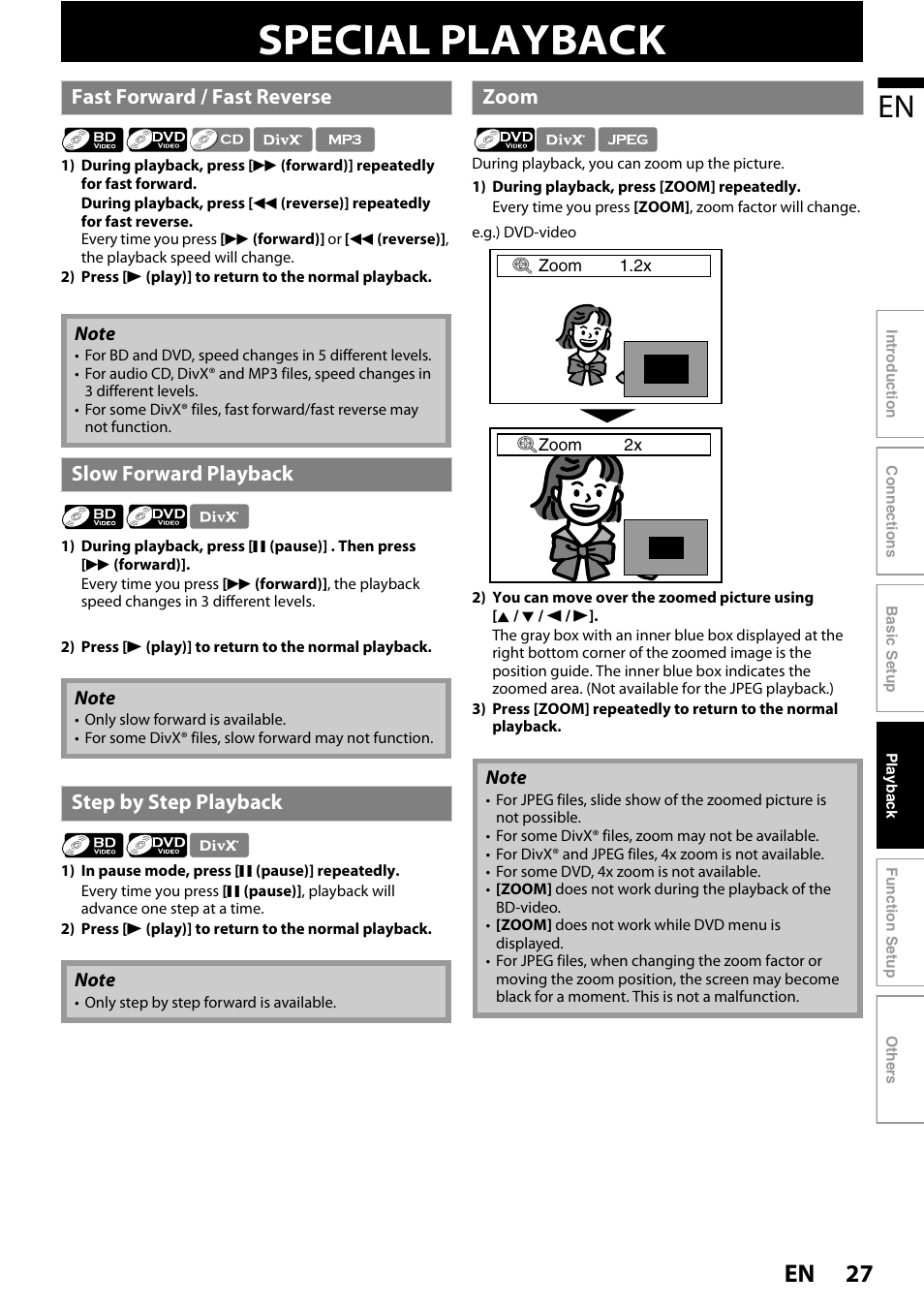 Special playback, 27 en, Fast forward / fast reverse | Slow forward playback, Step by step playback, Zoom | Philips BDP3020/F8 User Manual | Page 27 / 54