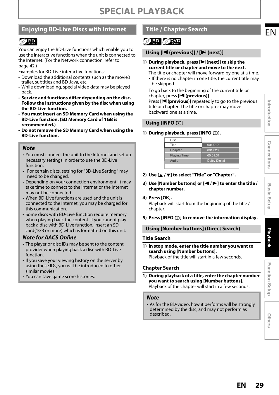 Special playback, Enjoying bd-live d iscs with internet, Title / chapter search | Philips BDP3020/F8 User Manual | Page 29 / 54