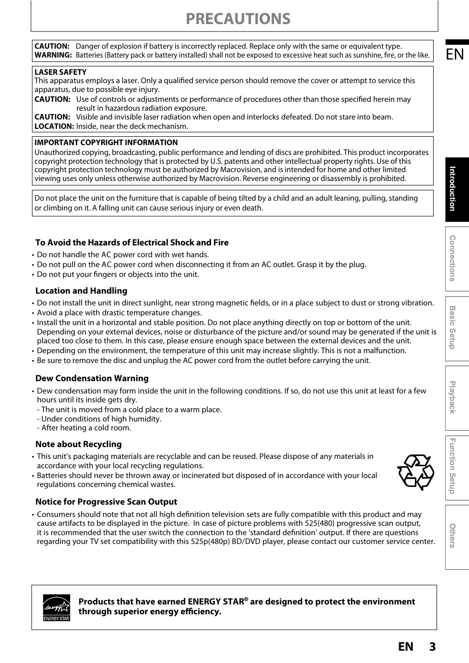 Precautions | Philips BDP3020/F8 User Manual | Page 3 / 54