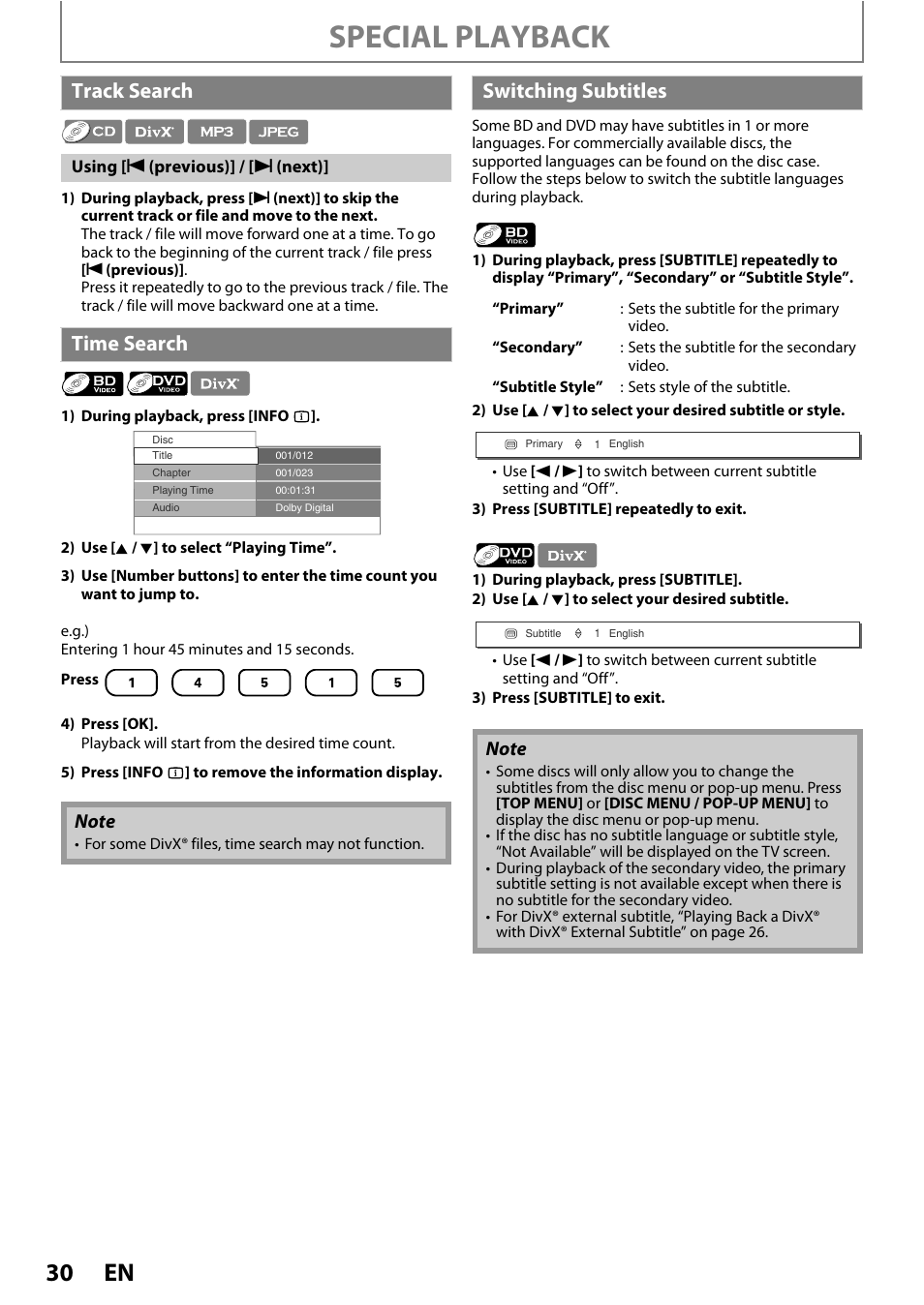 Track search time search switching subtitles, Special playback, Track search | Time search, Switching subtitles | Philips BDP3020/F8 User Manual | Page 30 / 54