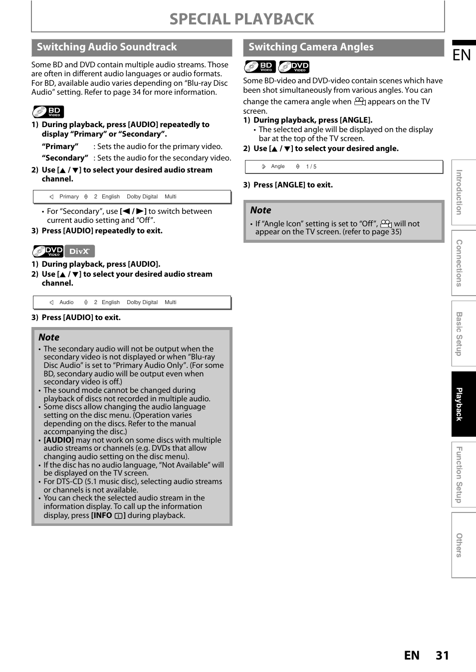 Switching audio soundtrack switching camera angles, Special playback, Switching audio soundtrack | Switching camera angles | Philips BDP3020/F8 User Manual | Page 31 / 54