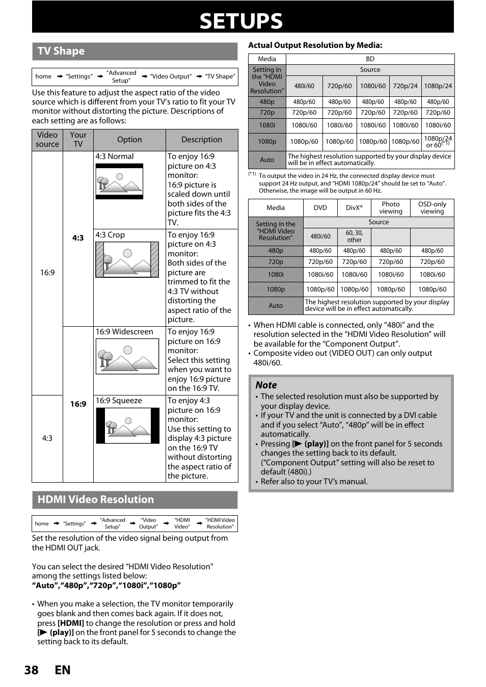 Setups, Tv shape hdmi video resolution, En 38 | Tv shape, Hdmi video resolution | Philips BDP3020/F8 User Manual | Page 38 / 54