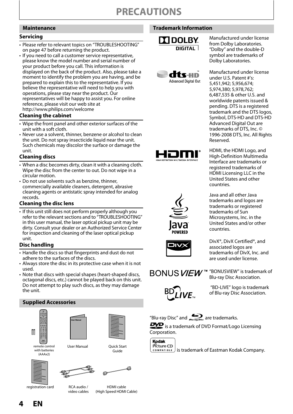 Precautions | Philips BDP3020/F8 User Manual | Page 4 / 54