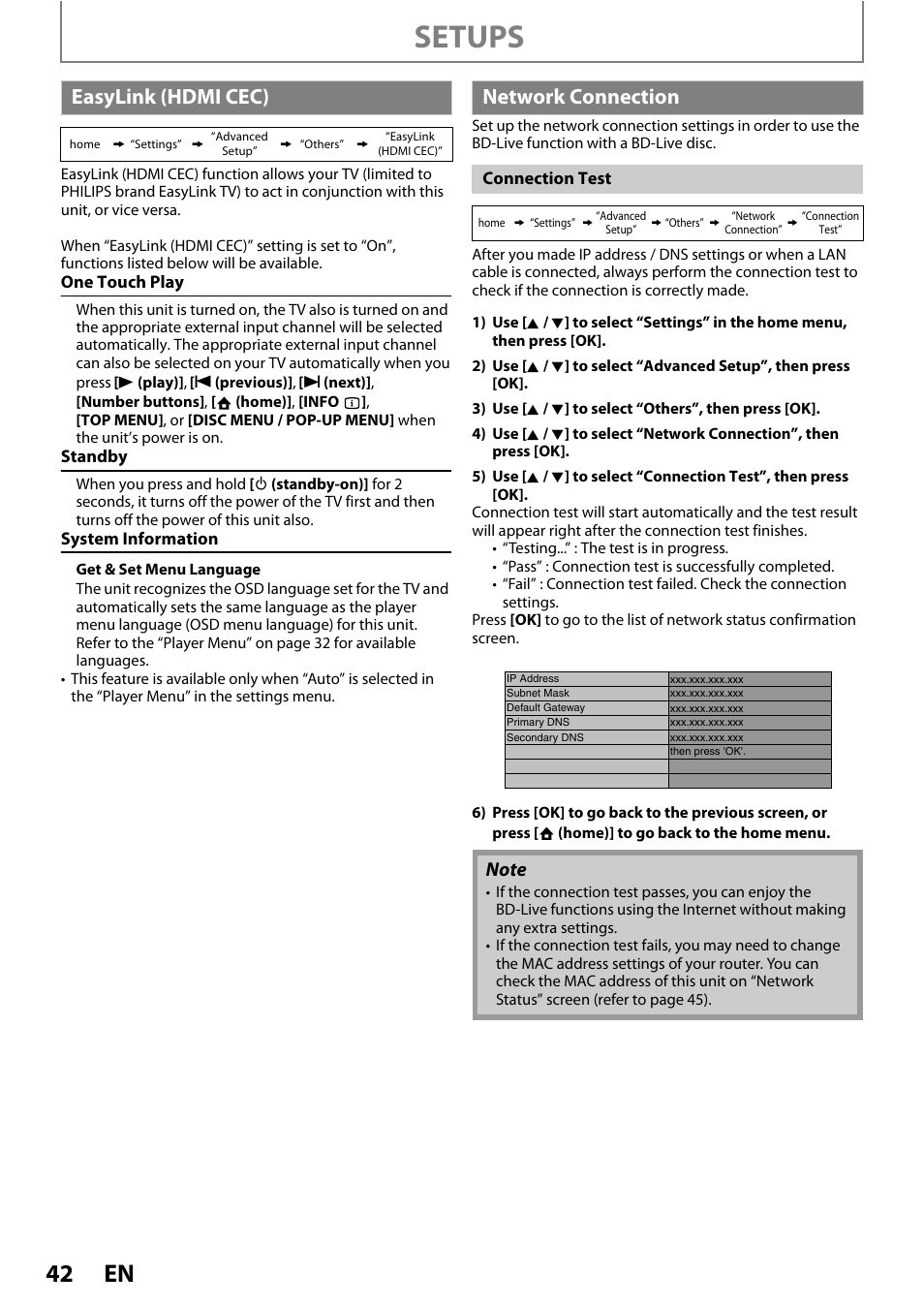 Easylink (hdmi cec) network connection, Setups, Easylink (hdmi cec) | Network connection | Philips BDP3020/F8 User Manual | Page 42 / 54