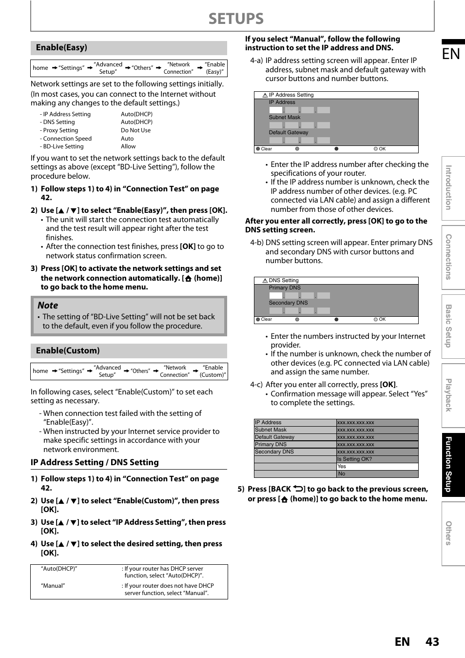 Setups, Ip address setting / dns setting, Enable(easy) | Enable(custom) | Philips BDP3020/F8 User Manual | Page 43 / 54