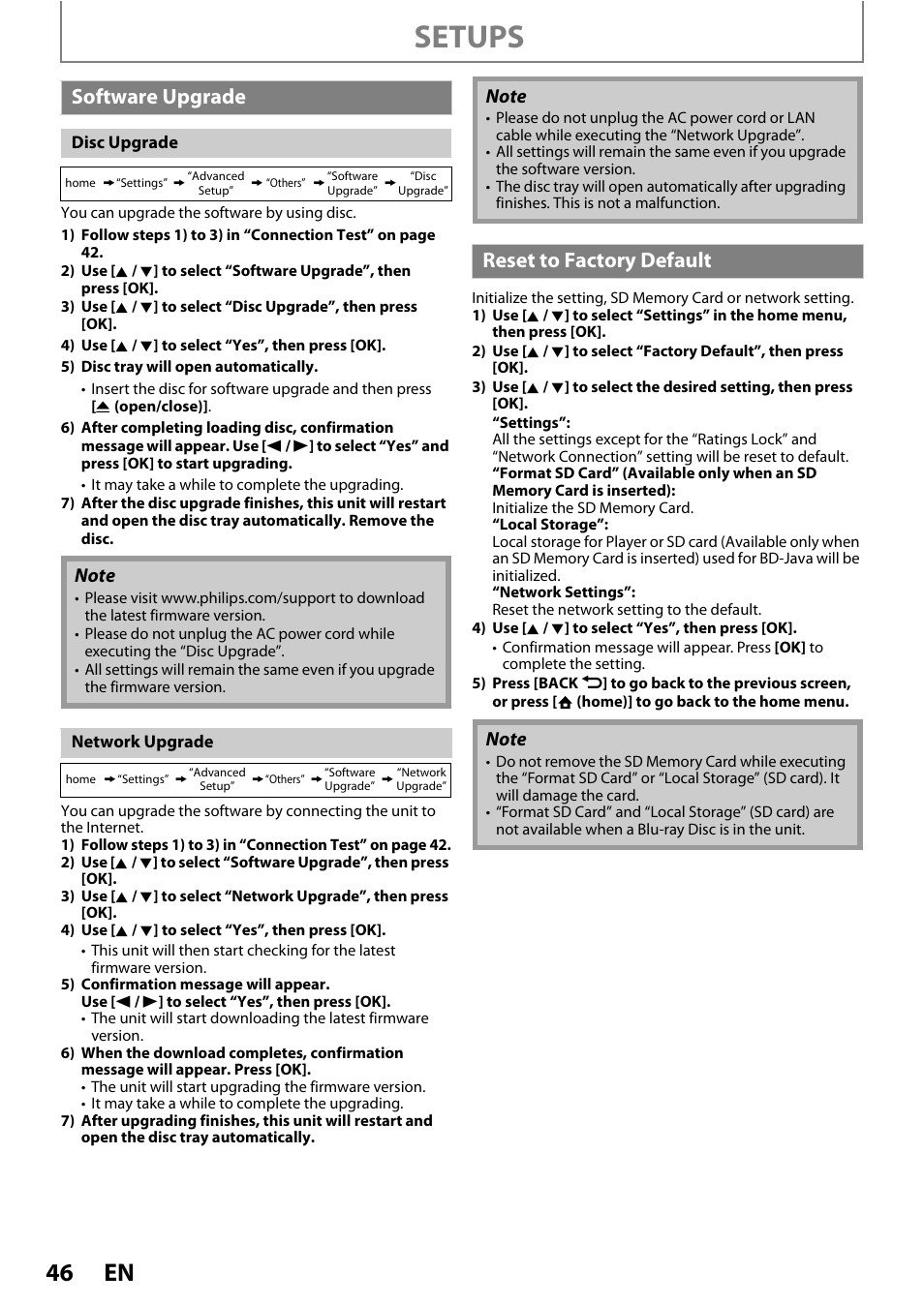 Software upgrade reset to factory default, Setups, Software upgrade | Reset to factory default | Philips BDP3020/F8 User Manual | Page 46 / 54