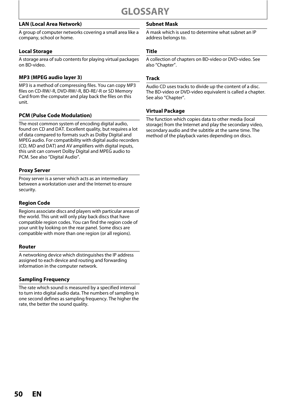 Lso “title, Sampling frequency” an, Glossary | Philips BDP3020/F8 User Manual | Page 50 / 54