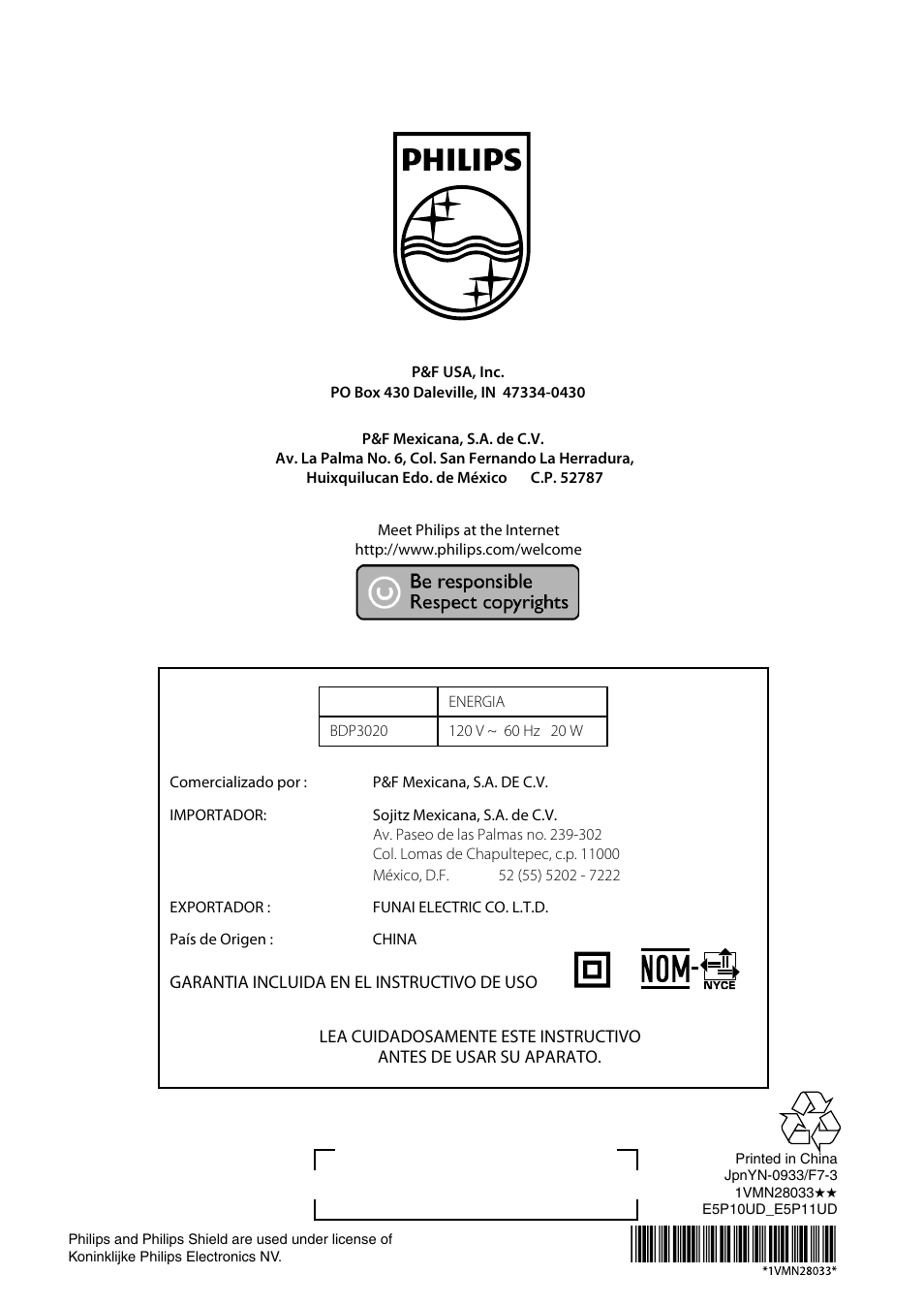 Philips BDP3020/F8 User Manual | Page 54 / 54