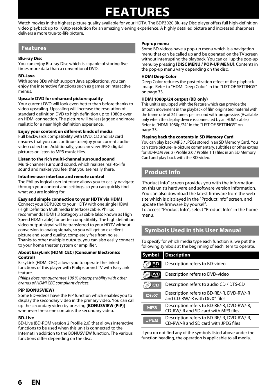 Features, En 6 | Philips BDP3020/F8 User Manual | Page 6 / 54