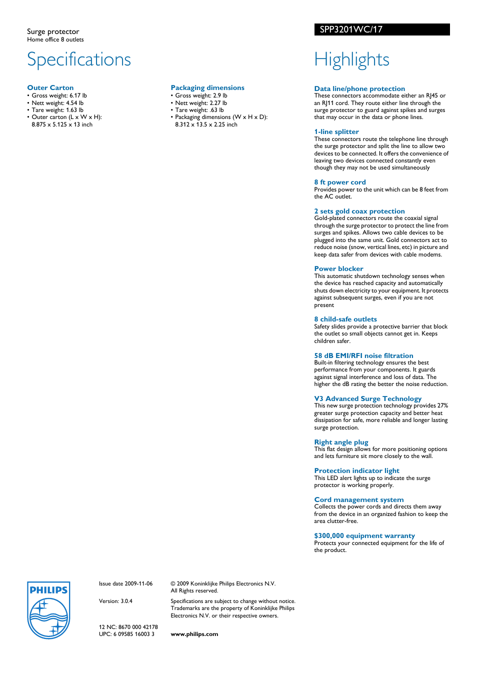 Specifications, Highlights | Philips SPP3201WC User Manual | Page 2 / 2