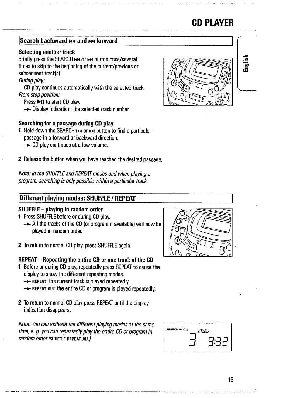 Cd player, Search backward and forward, Different playing modes: shuffle / repeat | Philips MAGNAVOX AZ1518 User Manual | Page 13 / 22