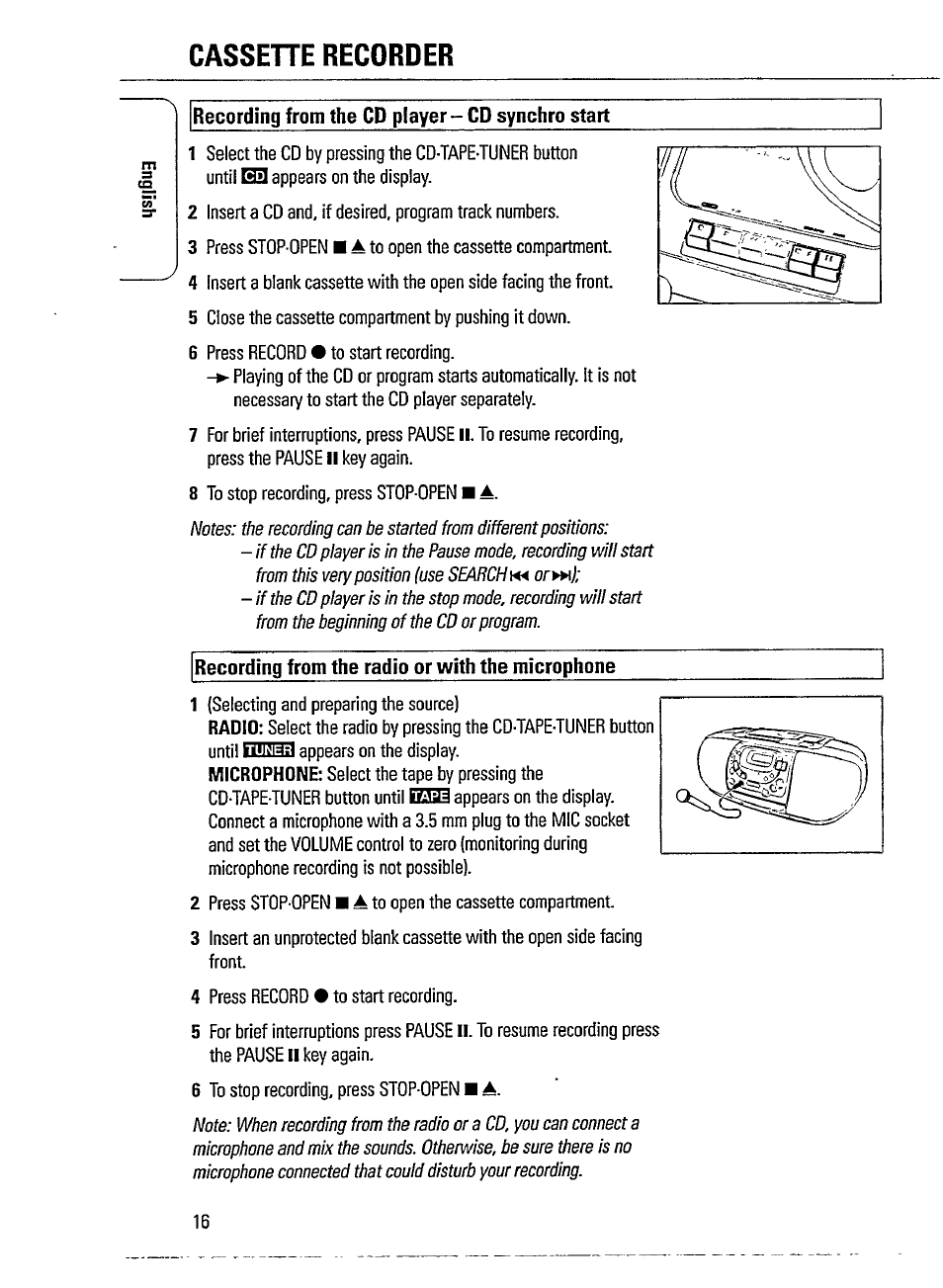 Cassehe recorder, Recording from the cd player - cd synchro start, Recording from the radio or with the microphone | Iees | Philips MAGNAVOX AZ1518 User Manual | Page 16 / 22