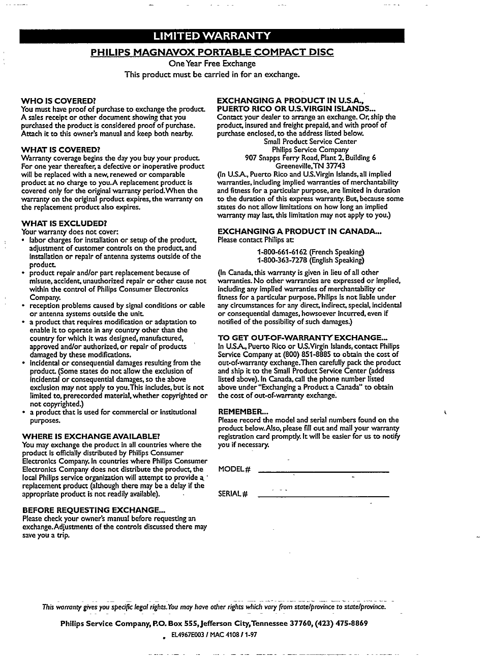 Limited warranty, Philips magnavox portable compact disc | Philips MAGNAVOX AZ1518 User Manual | Page 19 / 22