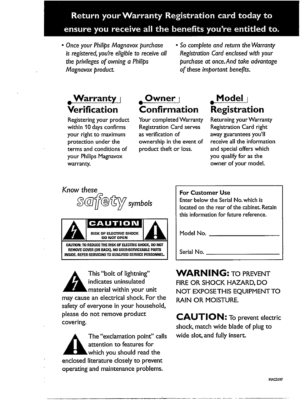 Warranty | verification, Owner i confirmation, Model i registration | Warning, Caution | Philips MAGNAVOX AZ1518 User Manual | Page 2 / 22