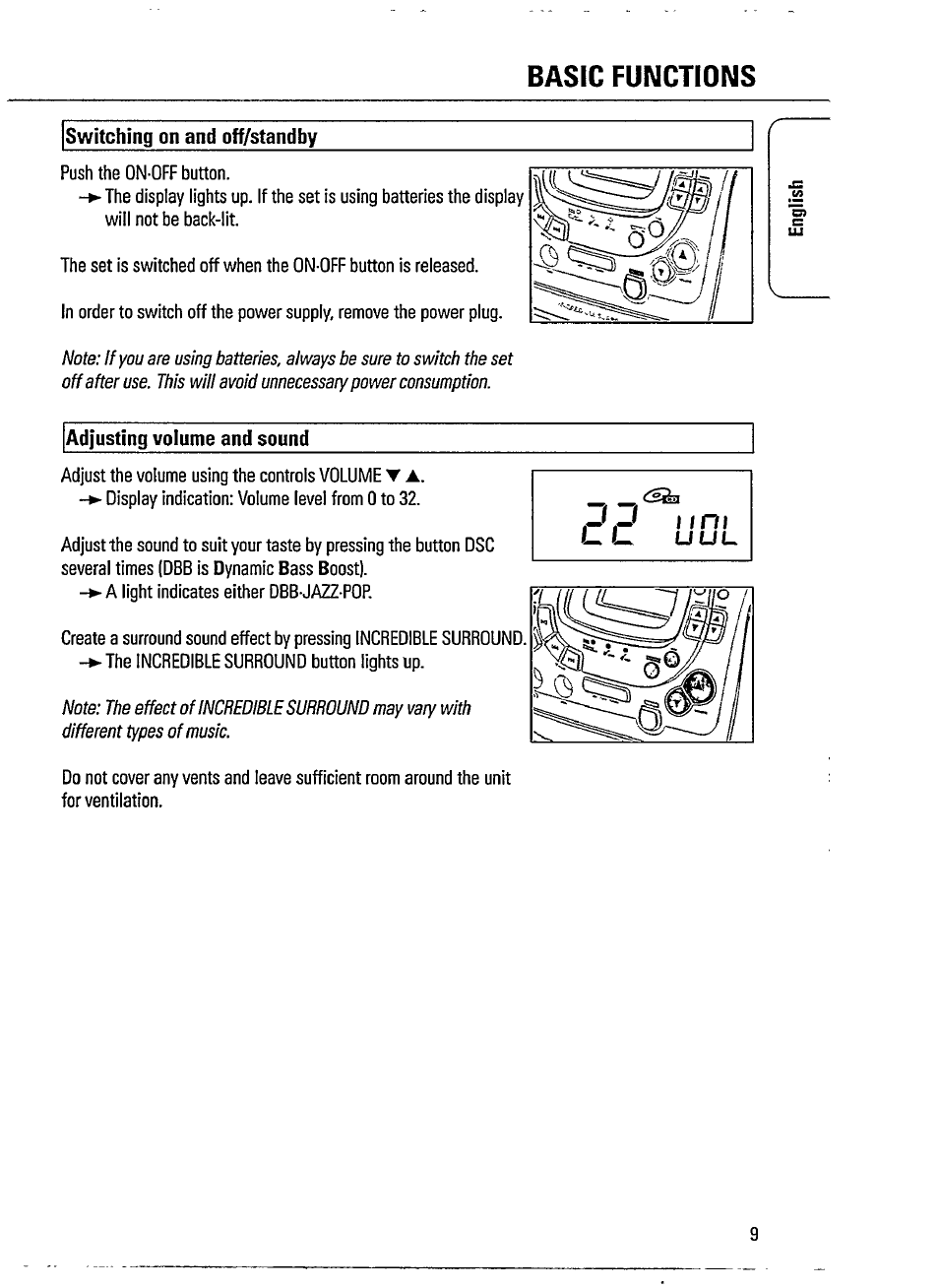 Basic functions, Switching on and off/standby, Adjusting volume and sound | Philips MAGNAVOX AZ1518 User Manual | Page 9 / 22