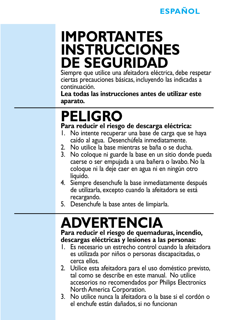 Importantes instrucciones de seguridad, Peligro, Advertencia | Philips 6709X User Manual | Page 17 / 34