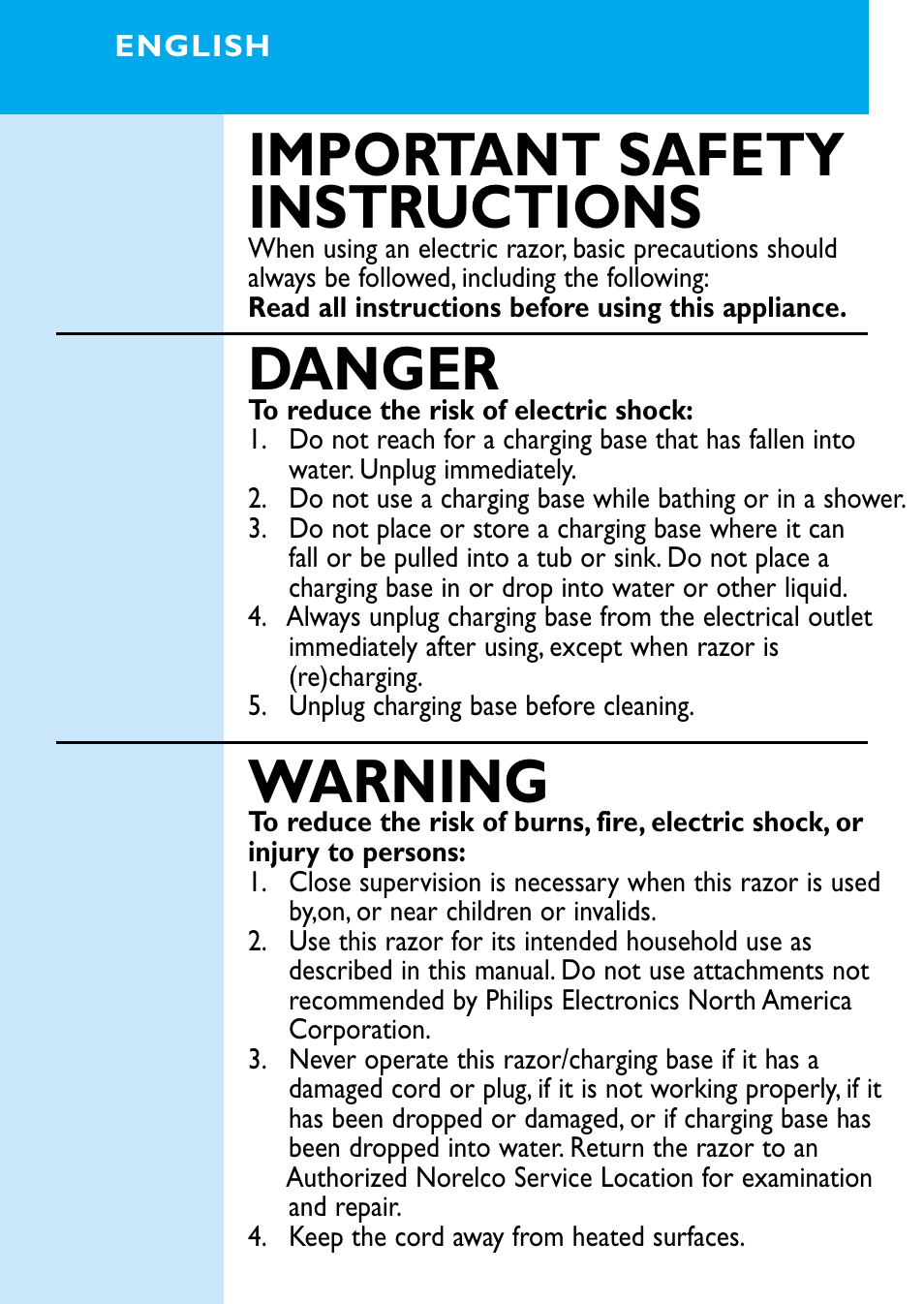 Important safety instructions, Danger, Warning | Philips 6709X User Manual | Page 2 / 34