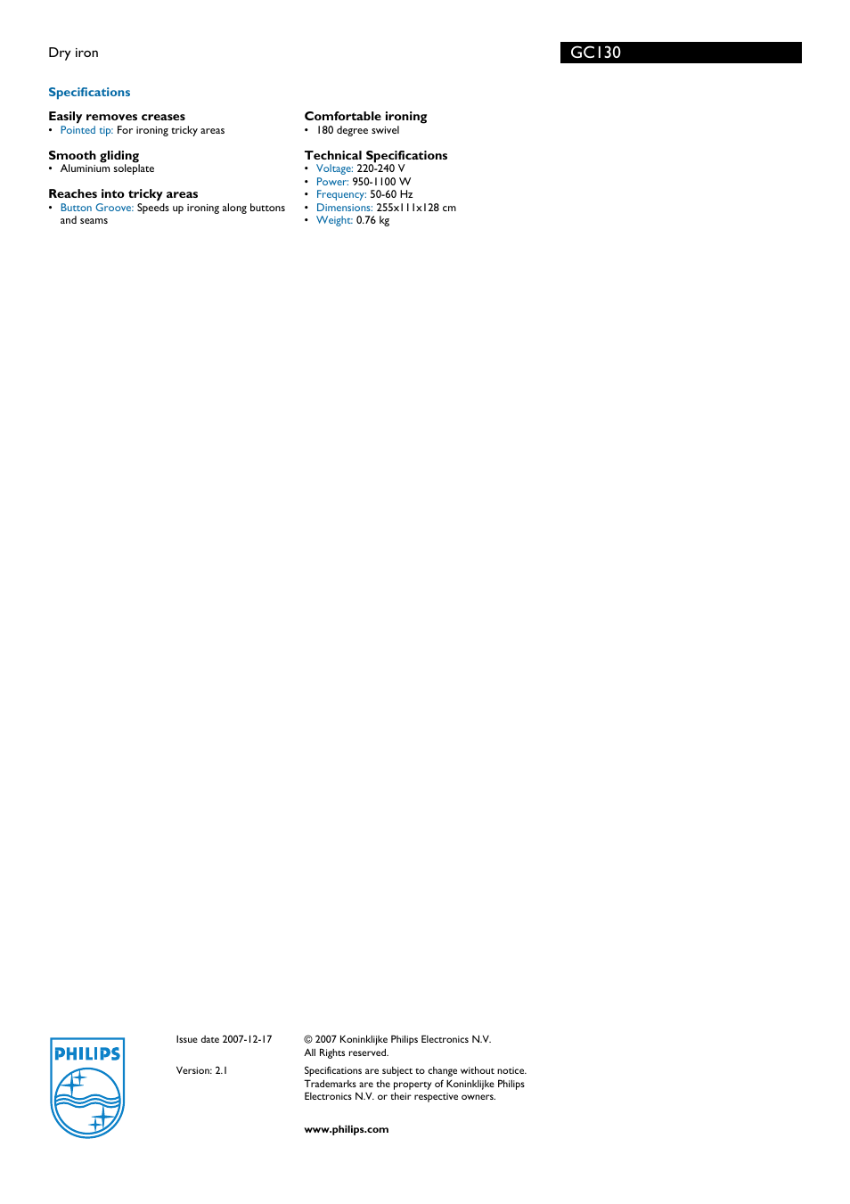 Gc130 | Philips GC130 User Manual | Page 2 / 2
