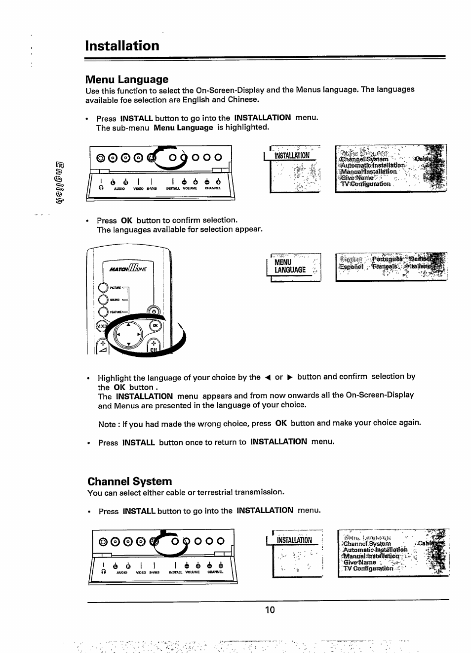 Installation, Menu language, Channel system | Philips 28PW778A User Manual | Page 10 / 50