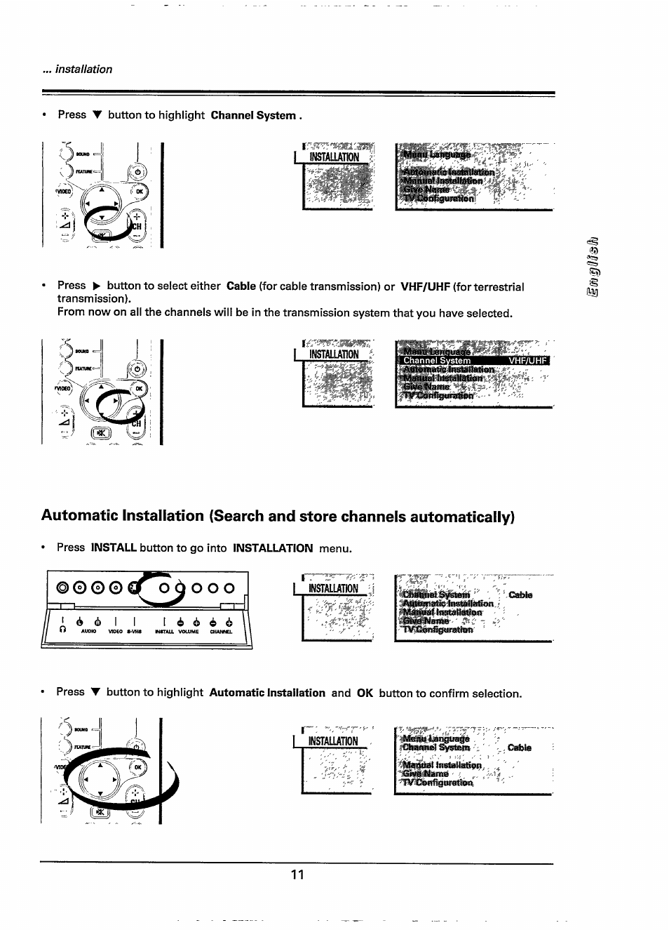 O o o, Instalutjon ‘ : i v, L ¿ ¿ ¿ ¿ l | O audio vl, T*vh, Vutall volumc chamnel, Lsnstailation . ':fev | Philips 28PW778A User Manual | Page 11 / 50